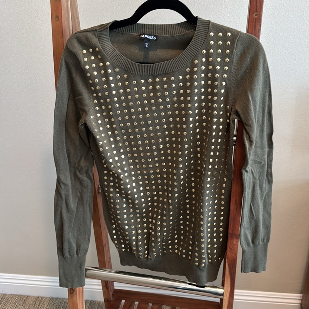 Express lightweight, olive, green and gold studded sweater, size medium